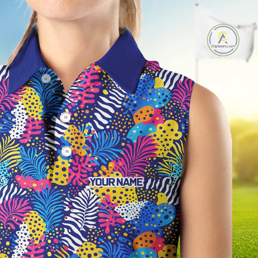 Colorful Paisley Pattern Womens Sleeveless Golf Polo Shirt Custom Tropical Golf Attire For Ladies NHN0147