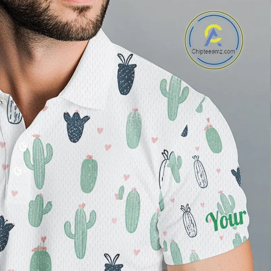 Funny Cactus Flower Pattern Mens Golf Polo Shirts Custom, Cactus Golf Shirt Personalized NHN0151