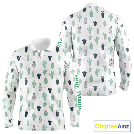 Funny Cactus Flower Pattern Long Sleeve Golf Polo Shirt Custom, Cactus Golf Shirt Personalized NHN0151