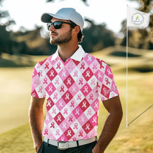 Load image into Gallery viewer, Pink Plaid Mens Golf Polo Shirt Custom Pink Ribbon Breast Cancer Awareness Team Golf Tops, Golf Gifts NHN0165