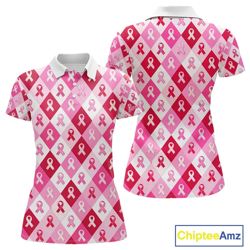 Pink Plaid Womens Golf Polo Shirt Custom Pink Ribbon Breast Cancer Awareness Team Golf Tops NHN0165