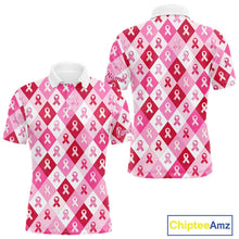 Load image into Gallery viewer, Pink Plaid Mens Golf Polo Shirt Custom Pink Ribbon Breast Cancer Awareness Team Golf Tops, Golf Gifts NHN0165