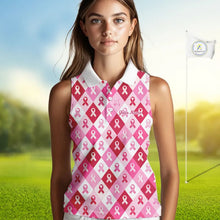 Load image into Gallery viewer, Pink Plaid Womens Sleeveless Golf Polo Shirt Custom Pink Ribbon Breast Cancer Awareness Team Golf Tops NHN0165