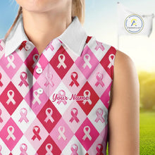 Load image into Gallery viewer, Pink Plaid Womens Sleeveless Golf Polo Shirt Custom Pink Ribbon Breast Cancer Awareness Team Golf Tops NHN0165
