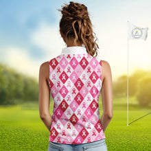 Load image into Gallery viewer, Pink Plaid Womens Sleeveless Golf Polo Shirt Custom Pink Ribbon Breast Cancer Awareness Team Golf Tops NHN0165