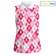 Load image into Gallery viewer, Pink Plaid Womens Sleeveless Golf Polo Shirt Custom Pink Ribbon Breast Cancer Awareness Team Golf Tops NHN0165