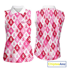 Load image into Gallery viewer, Pink Plaid Womens Sleeveless Golf Polo Shirt Custom Pink Ribbon Breast Cancer Awareness Team Golf Tops NHN0165