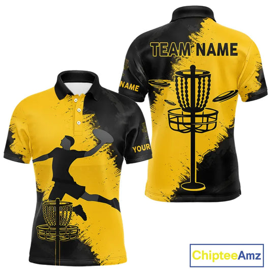 Mens Disc Golf Polo Shirt Custom Name Black And Yellow Disc Golf Basket Personalized Disc Golf Shirts NHN0050