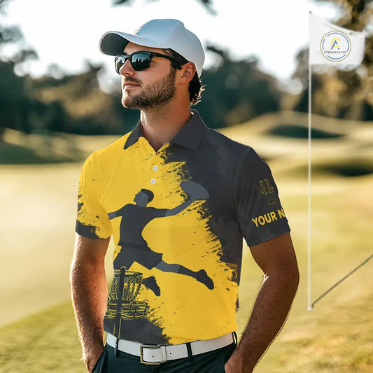 Mens Disc Golf Polo Shirt Custom Name Black And Yellow Disc Golf Basket Personalized Disc Golf Shirts NHN0050
