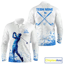Load image into Gallery viewer, Blue And White Mens Long Sleeve Golf Polo Shirt Custom White Golf Clubs Golf Shirts For Men NHN0101