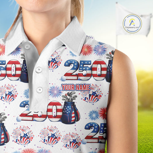 America 250th Anniversary Womens Sleeveless Golf Polo Shirt Patriotic USA Golf Shirts, Golf Gift NHN0233