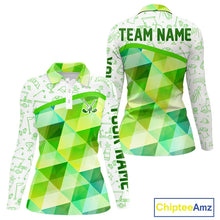 Load image into Gallery viewer, Green Geometric Triangle Womens Long Sleeve Golf Polo Shirt Custom Golf Clubs &amp; Golf Ball Golf Tops NHN0121