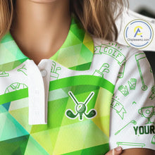 Load image into Gallery viewer, Green Geometric Triangle Pattern Womens Golf Polo Shirt Custom Golf Clubs &amp; Golf Ball Ladies Golf Tops NHN0121