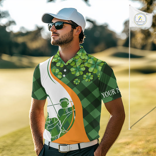 Mens Golf Polos Shirts Custom Green Clover St Patricks Day Plaid Pattern Golf Tops Personalized NHN0144