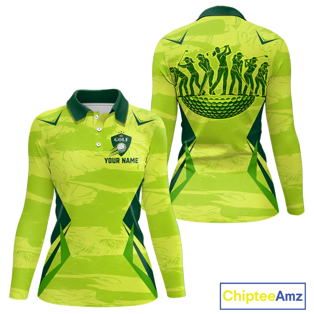 Green Camo Womens Long Sleeve Golf Polo Shirt Custom Camouflage Golf Ball Golf Top For Team, Golf Gift NHN0178