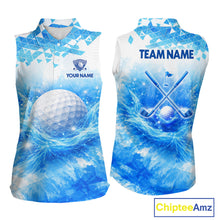 Load image into Gallery viewer, Blue Womens Sleeveless Golf Polo Shirt Custom Water Splash Pattern With Golf Ball Team Golf Top NHN0219