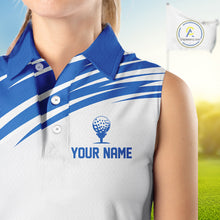 Load image into Gallery viewer, Blue And White Womens Sleeveless Golf Polo Shirt Custom Golf Shirts For Team Personalized Golf Gifts NHN0094