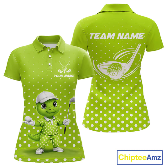 Funny Dinosaur Womens Golf Polo Shirt Custom Name Green Pattern Dinosaur Golf Shirts For Ladies NHN0100
