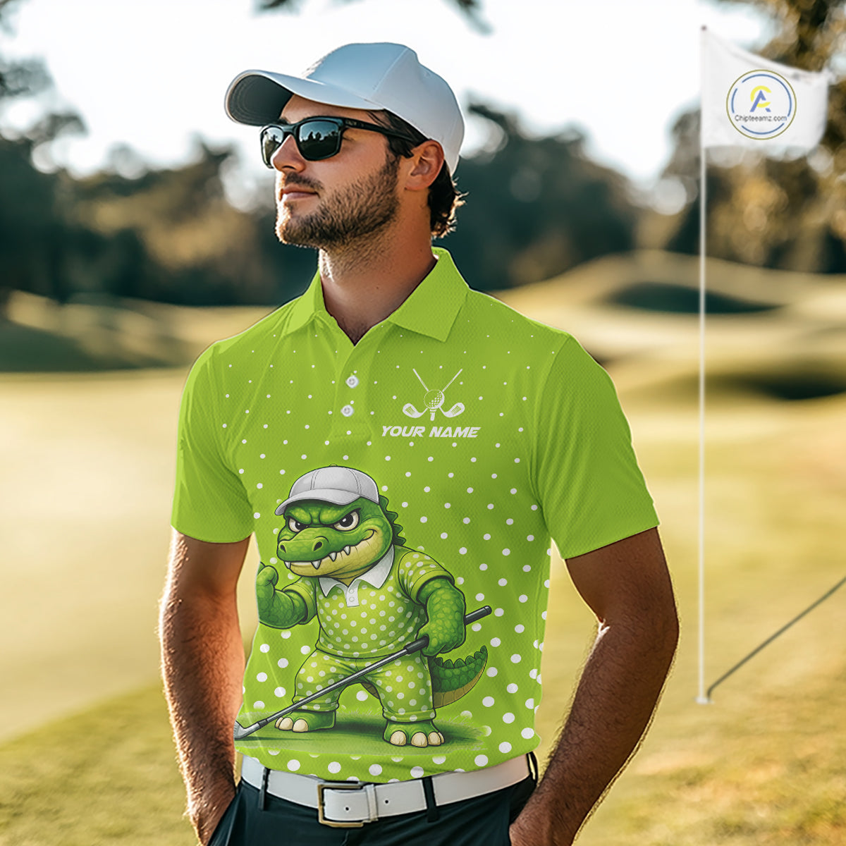 Funny Alligator Golf Polo Shirt For Men Custom Name Green Mens Golf Apparel Funny Golf Gifts NHN0104