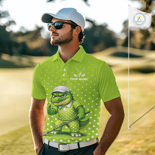 Funny Alligator Golf Polo Shirt For Men Custom Name Green Mens Golf Apparel Funny Golf Gifts NHN0104