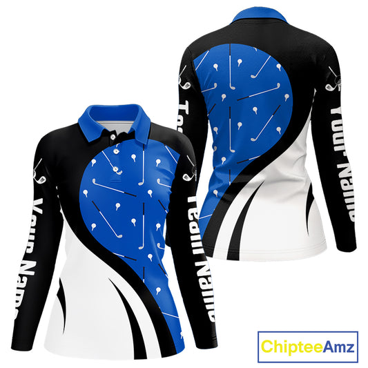 Blue And White Womens Long Sleeve Golf Polo Shirt Custom Black Golf Shirts For Ladies, Golf Gifts NHN0109