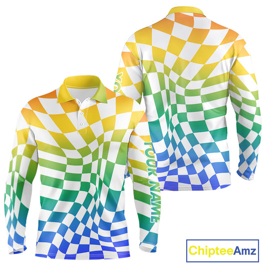 Long Sleeve Golf Polo Shirt Custom Colorful Checkerboard Argyle Pattern Golf Shirts For Men NHN0127