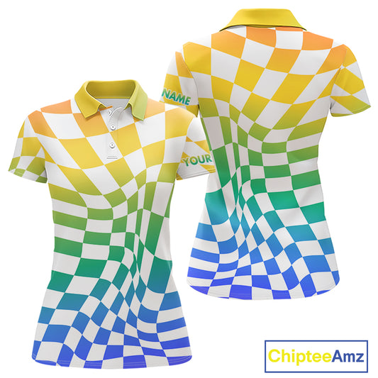 Womens Golf Polo Shirt Custom Colorful Checkerboard Argyle Pattern Golf Shirts For Ladies NHN0127
