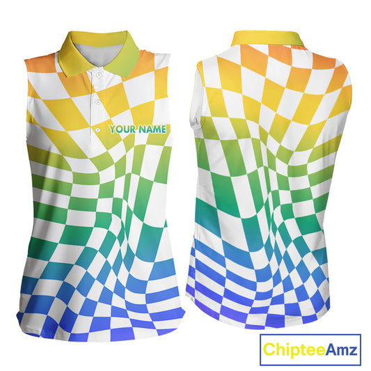 Womens Sleeveless Golf Polo Shirt Custom Colorful Checkerboard Argyle Pattern Golf Shirts NHN0127