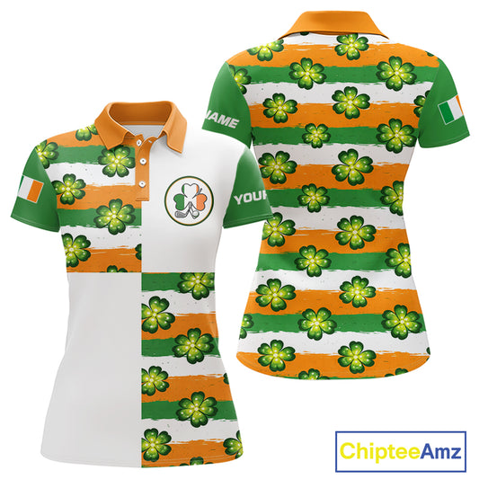 Womens Golf Polo Shirts Custom Ireland Flag St Patricks Day Green Clovers Golf Tops For Ladies NHN0140