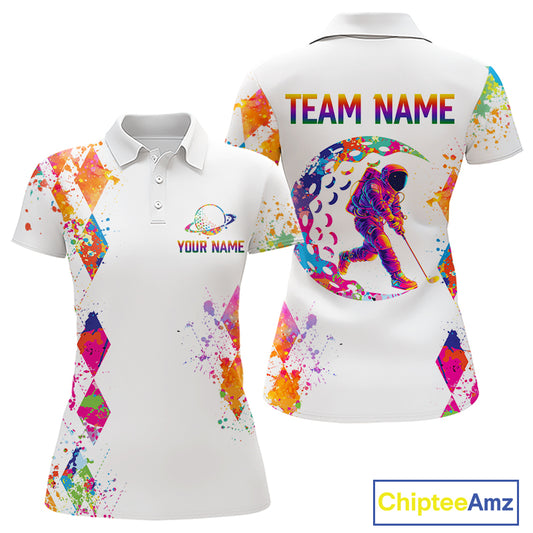 Womens Golf Polo Shirt Argyle Pattern Golf Shirts For Women Funny Astronaut Watercolor Golf Gifts NHN0006