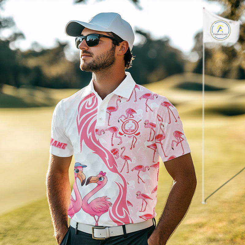 Matching Golf Polo Shirts For Couples, Custom Pink & White Glitter Flamingo Valentine Golf Outfits NHN0026