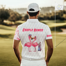 Load image into Gallery viewer, Matching Golf Polo Shirts For Couples, Custom Pink &amp; White Glitter Flamingo Valentine Golf Outfits NHN0026