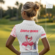 Load image into Gallery viewer, Matching Golf Polo Shirts For Couples, Custom Pink &amp; White Glitter Flamingo Valentine Golf Outfits NHN0026