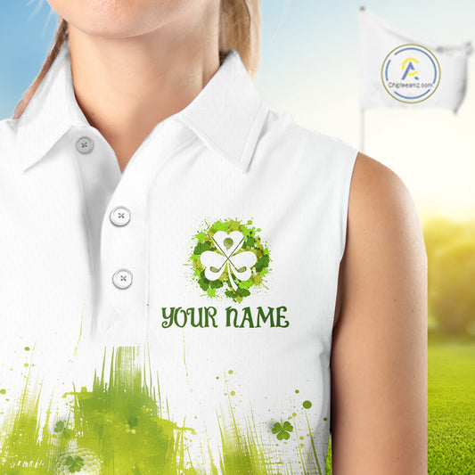 Womens Sleeveless Golf Polo Shirt Custom Funny Green Clover St Patricks Day Plaid Pattern Golf Tops NHN0161