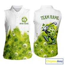 Load image into Gallery viewer, Womens Sleeveless Golf Polo Shirt Custom Funny Green Clover St Patricks Day Plaid Pattern Golf Tops NHN0161