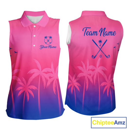 Womens Sleeveless Golf Polo Shirt Custom Pink Blue Palm Pattern Team Ladies Golf Tops, Golf Gifts NHN0172