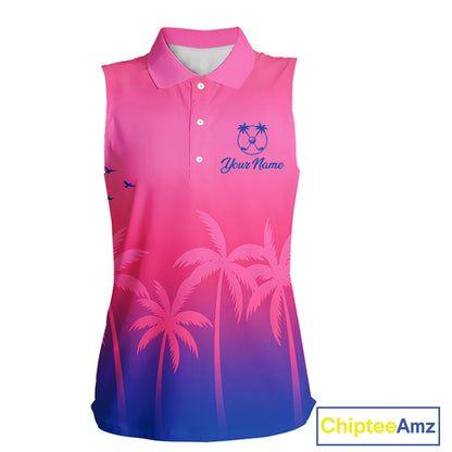 Womens Sleeveless Golf Polo Shirt Custom Pink Blue Palm Pattern Team Ladies Golf Tops, Golf Gifts NHN0172