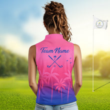 Load image into Gallery viewer, Womens Sleeveless Golf Polo Shirt Custom Pink Blue Palm Pattern Team Ladies Golf Tops, Golf Gifts NHN0172