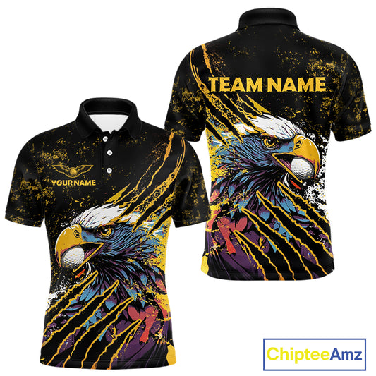 Mens Golf Polo Shirt Custom Yellow And Black Grunge Ripped Eagle Grasping Golf Ball Golf Apparel NHN0057