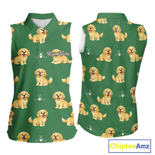 Load image into Gallery viewer, Golden Retriever Womens Sleeveless Golf Polo Shirt Custom Funny Green Team Golf Tops, Dog Lover Gift NHN0214