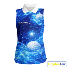 Load image into Gallery viewer, Womens Sleeveless Golf Polo Shirt Blue Water Splash Golf Ball Custom Name Golf Tops For Team NHN0221