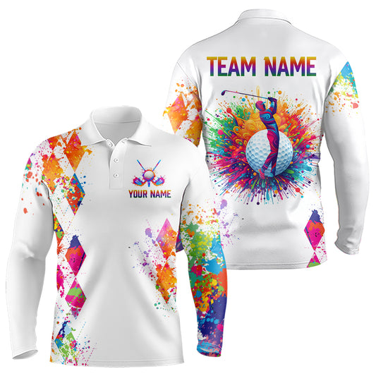 Watercolor Argyle Pattern Long Sleeve Golf Polo Shirt Custom White Golf Clubs Golf Shirts For Men NHN0006