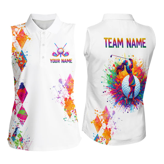 Watercolor Argyle Pattern Womens Sleeveless Golf Polo Shirt Custom White Golf Clubs Golf Shirts NHN0006