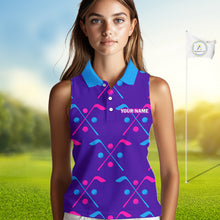 Load image into Gallery viewer, Womens Sleeveless Golf Polo Shirt Blue Purple Pink Custom Golf Balls And Golf Clubs, Team Golf Shirt NHN0105