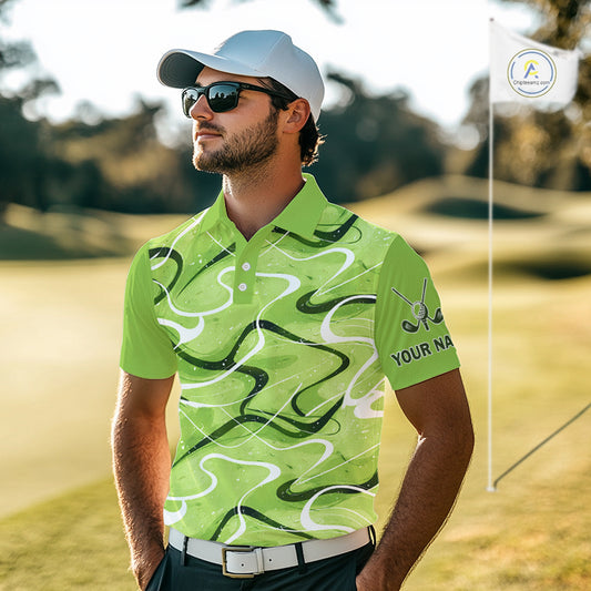 Green And White Mens Golf Polo Shirts Custom Green Camo Golf Tops For Men, Personalized Golf Gifts NHN0111