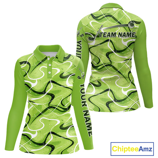 Green And White Womens Long Sleeve Golf Polo Shirt Custom Green Camo Golf Tops For Ladies, Golf Gifts NHN0111