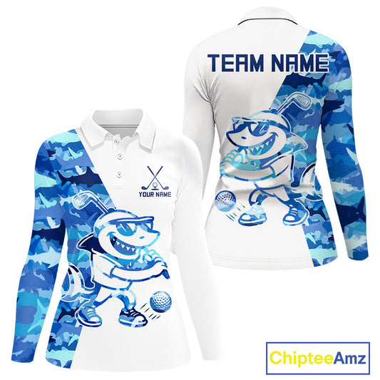 Womens Long Sleeve Golf Tops Polo Blue Shark Pattern Golf Clubs Custom Name Funny Golf Shirts NHN0002