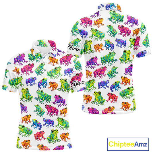 Funny Colorful Frog Pattern Mens Golf Polo Shirts Custom Watercolor Golf Attire For Men, Golf Gifts NHN0134