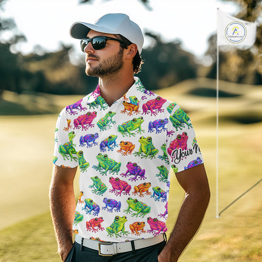 Funny Colorful Frog Pattern Mens Golf Polo Shirts Custom Watercolor Golf Attire For Men, Golf Gifts NHN0134