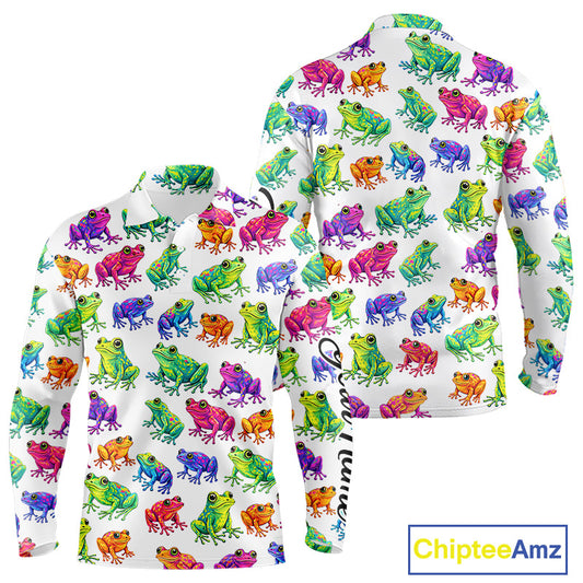 Funny Colorful Frog Pattern Long Sleeve Golf Polo Shirt Custom Watercolor Golf Attire For Men, Golf Gift NHN0134
